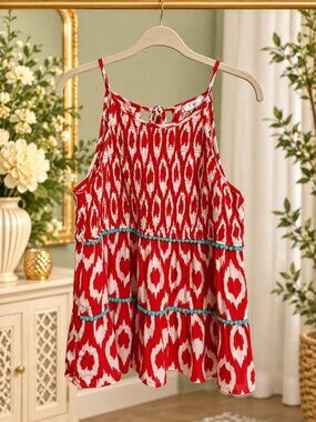 THML Red Ikat Smocked Tiered Tank Top L Turquoise Pom Pom Boho